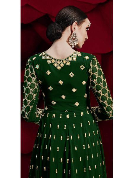 Myra Green Georgette Embroidered Anarkali Pant Style Suit | Grocsy
