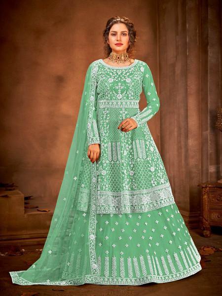 Myra Fashion Sea Green Heavy Embroidered Gharara Suit | Grocsy