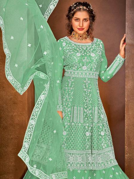 Myra Fashion Sea Green Heavy Embroidered Gharara Suit | Grocsy