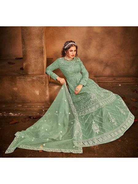 Myra Beautiful Sea Green Heavy Embroidered Gharara Suit | Grocsy