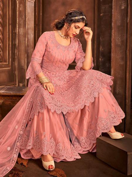Myra Beautiful Dusty Pink Heavy Embroidered Gharara Suit | Grocsy