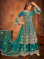 Myra Rama Green Heavy Embroidered Gharara Suit | Grocsy