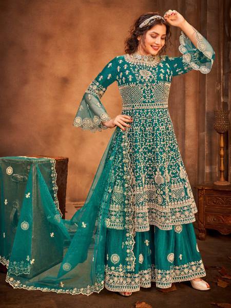 Myra Rama Green Heavy Embroidered Gharara Suit | Grocsy