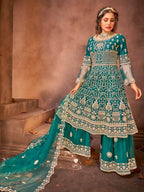 Myra Rama Green Heavy Embroidered Gharara Suit | Grocsy