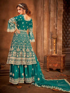 Myra Rama Green Heavy Embroidered Gharara Suit | Grocsy
