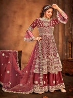 Myra Maroon Embroidered Gharara Suit | Grocsy