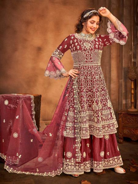 Myra Maroon Embroidered Gharara Suit | Grocsy
