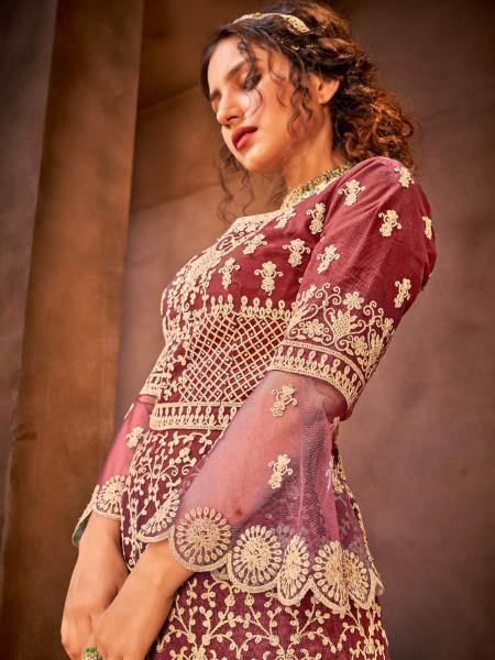 Myra Maroon Embroidered Gharara Suit | Grocsy