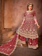 Myra Maroon Embroidered Gharara Suit | Grocsy