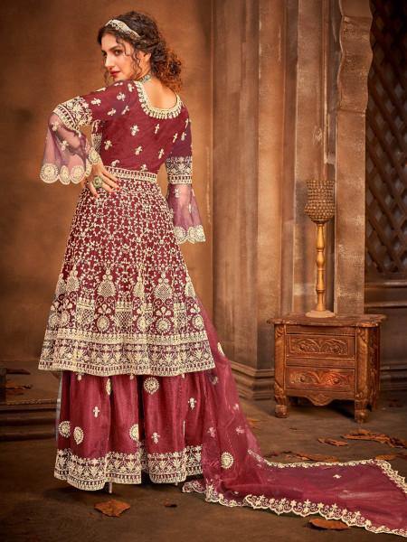 Myra Maroon Embroidered Gharara Suit | Grocsy