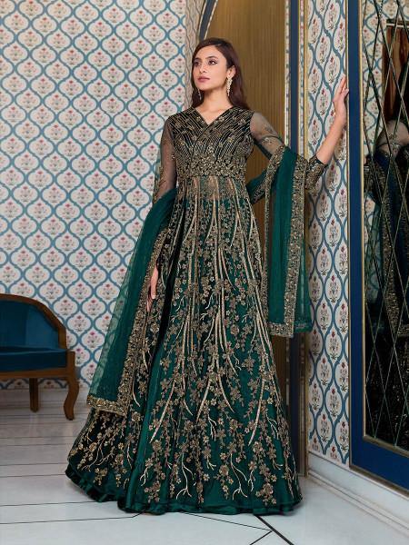 Myra Peacock Blue Net Embroidery Gown | Grocsy