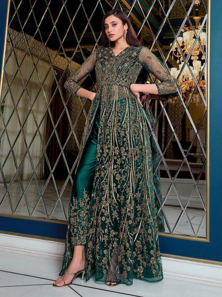 Myra Peacock Blue Net Embroidery Gown | Grocsy
