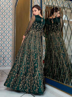 Myra Peacock Blue Net Embroidery Gown | Grocsy