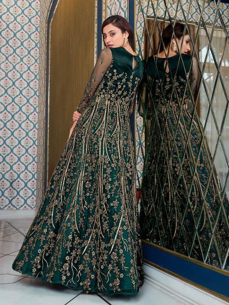 Myra Peacock Blue Net Embroidery Gown | Grocsy