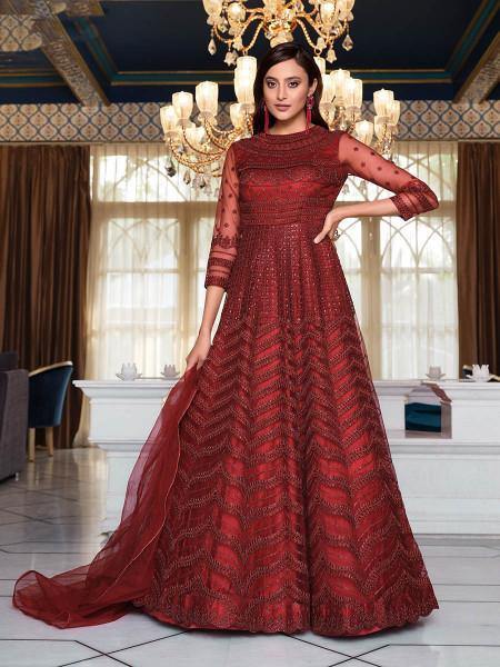 Myra Maroon Net Embroidery Gown | Grocsy