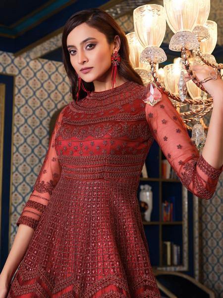 Myra Maroon Net Embroidery Gown | Grocsy