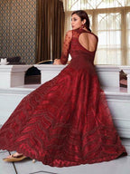 Myra Maroon Net Embroidery Gown | Grocsy