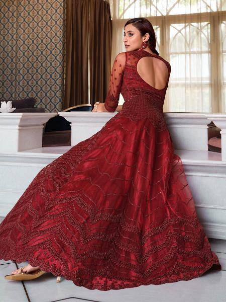 Myra Maroon Net Embroidery Gown | Grocsy
