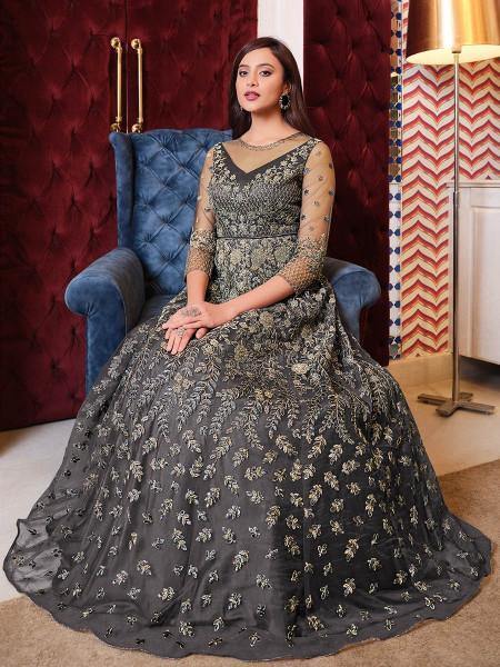Myra Grey Net Embroidery Gown | Grocsy