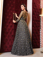Myra Grey Net Embroidery Gown | Grocsy