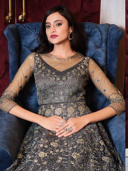 Myra Grey Net Embroidery Gown | Grocsy