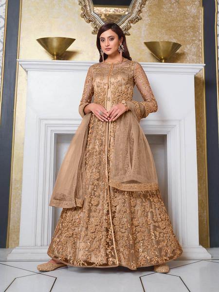 Myra Beige Net Embroidery Gown | Grocsy
