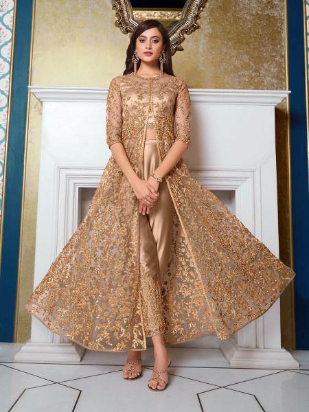 Myra Beige Net Embroidery Gown | Grocsy