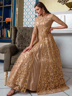 Myra Beige Net Embroidery Gown | Grocsy