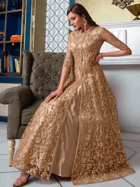 Myra Beige Net Embroidery Gown | Grocsy