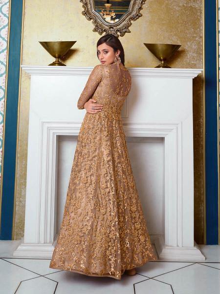 Myra Beige Net Embroidery Gown | Grocsy