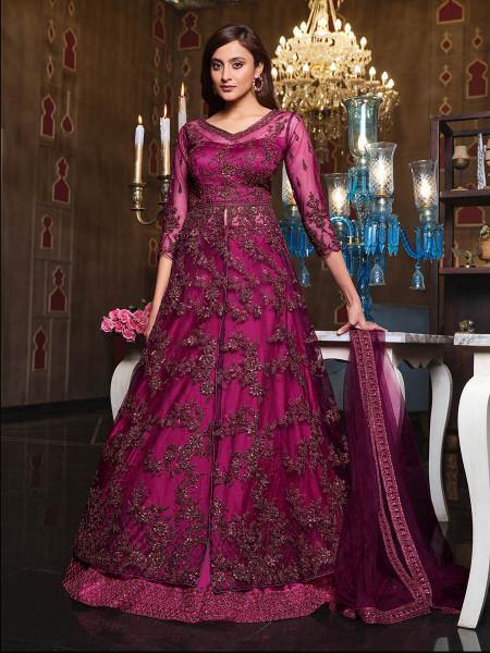 Myra Hot Pink Net Embroidery Gown | Grocsy