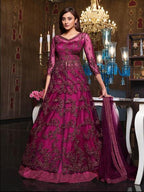 Myra Hot Pink Net Embroidery Gown | Grocsy