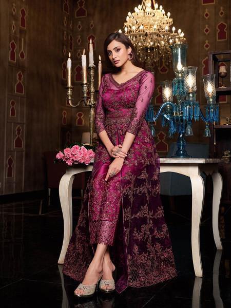 Myra Hot Pink Net Embroidery Gown | Grocsy
