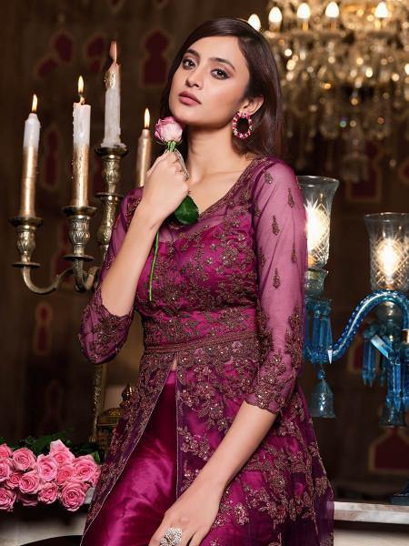 Myra Hot Pink Net Embroidery Gown | Grocsy