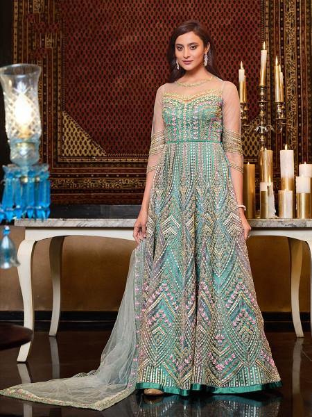 Myra Mint Blue Net Embroidery Gown | Grocsy