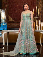 Myra Mint Blue Net Embroidery Gown | Grocsy