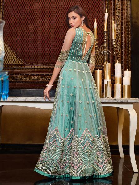 Myra Mint Blue Net Embroidery Gown | Grocsy