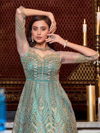 Myra Mint Blue Net Embroidery Gown | Grocsy