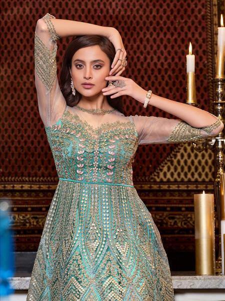 Myra Mint Blue Net Embroidery Gown | Grocsy