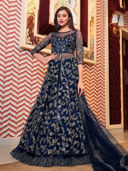Myra Navy Blue Net Embroidery Gown | Grocsy