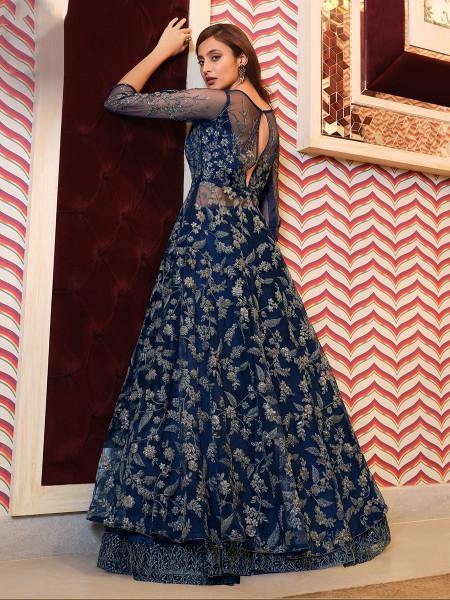 Myra Navy Blue Net Embroidery Gown | Grocsy