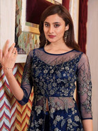 Myra Navy Blue Net Embroidery Gown | Grocsy