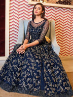 Myra Navy Blue Net Embroidery Gown | Grocsy