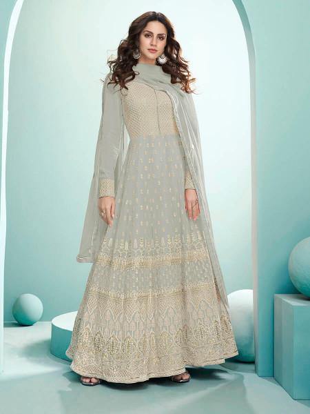 Myra Dusty Grey Georgette Embroidered Anarkali Suit | Grocsy