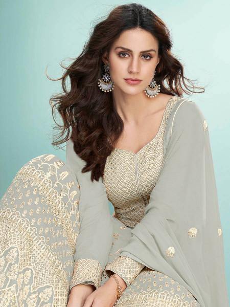 Myra Dusty Grey Georgette Embroidered Anarkali Suit | Grocsy