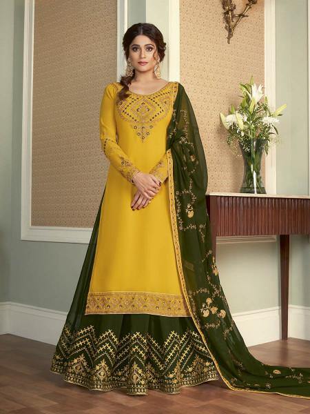 Myra Yellow and Green Georgette Embroidered Gharara Suit | Grocsy