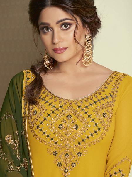 Myra Yellow and Green Georgette Embroidered Gharara Suit | Grocsy