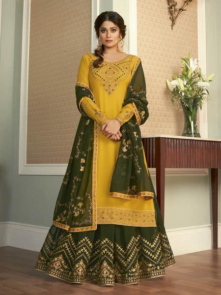 Myra Yellow and Green Georgette Embroidered Gharara Suit | Grocsy