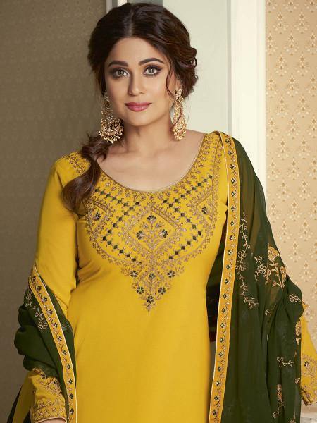 Myra Yellow and Green Georgette Embroidered Gharara Suit | Grocsy