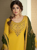 Myra Yellow and Green Georgette Embroidered Gharara Suit | Grocsy
